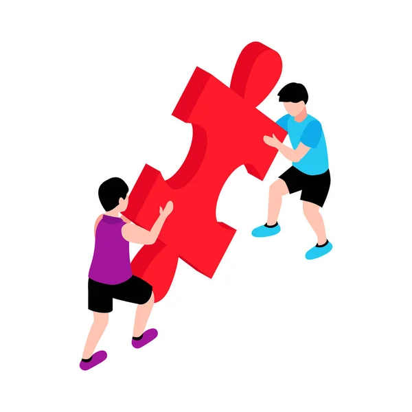 Autism Awareness Isometric Icon Toy Boys Holding Puzzle Piece Together — Stock Vector