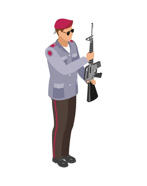 Hombre Militar Isométrico Con Icono Arma Ilustración Vector Fondo Blanco — Vector de stock