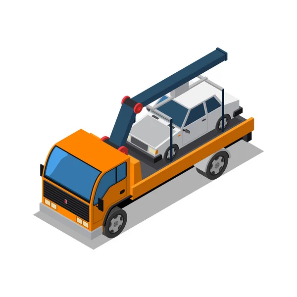 Tow Truck Transporting White Car Isometric Vector Illustration — Stock Vector