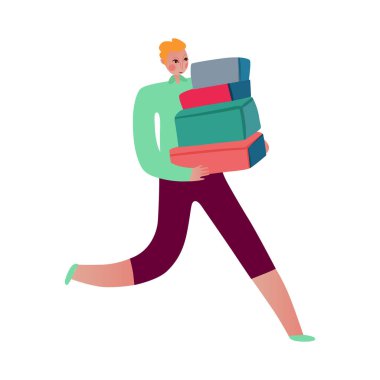 Kutular dolusu düz vektör illüstrasyonuyla çalışan dağıtım servisi çalışanı