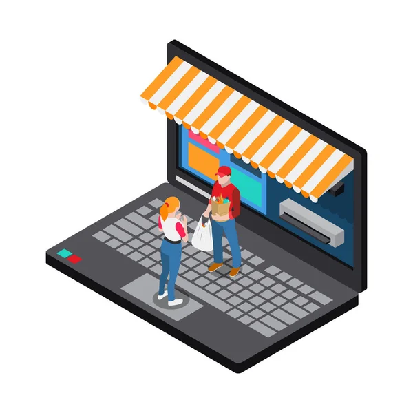 电子商务网上购物从超级市场等距概念与信使向客户提供食品矢量图解 — 图库矢量图片