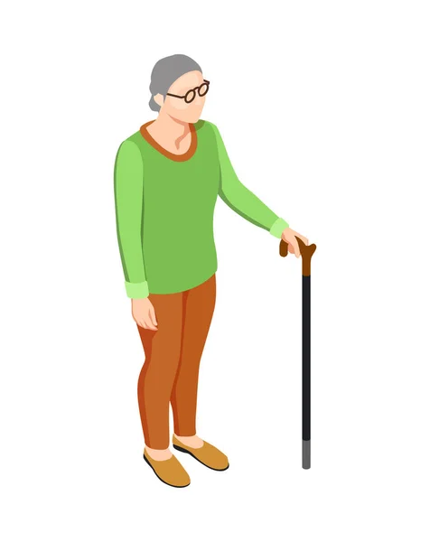 Yürüyen Sopa Çizimi Ile Isometric Yaşlı Kadın Karakter — Stok Vektör