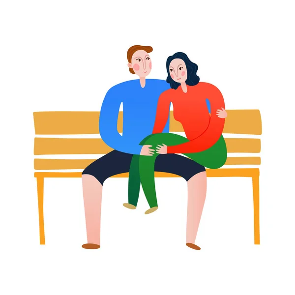 一对年轻夫妇坐在长椅上的公园平面病媒图片 — 图库矢量图片