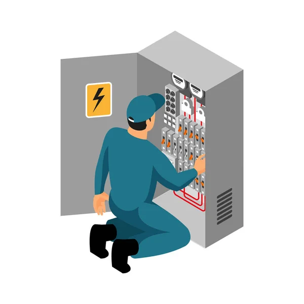 Elektricien Controleren Bevestigen Elektrische Apparatuur Isometrische Vector Illustratie — Stockvector