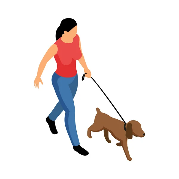 Иконка Изометрического Кинолога Женщиной Мастером Кинологом Гуляющей Собакой Векторном Поводке — стоковый вектор