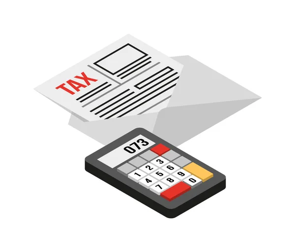Isometrisches Steuerzahlungssymbol Mit Umschlag Und Taschenrechner Vektorillustration — Stockvektor
