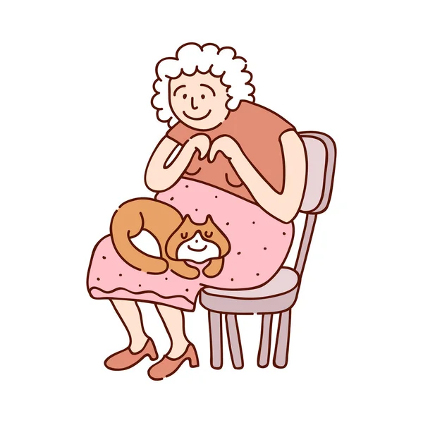 笑着奶奶坐在焦炭上 猫睡在膝盖上的平面矢量图解 — 图库矢量图片