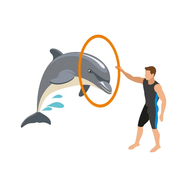 Isometrisches Symbol Des Donphinariums Mit Einem Delfin Der Durch Einen — Stockvektor
