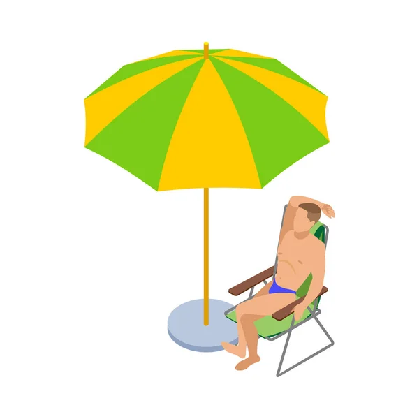 Beach Holiday Isometric Icon Man Relaxing Umbrella Vector Illustration — Stock Vector