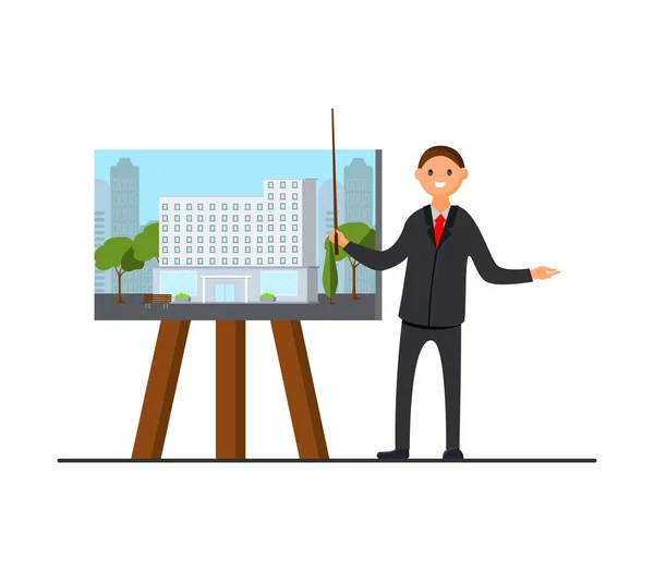 Happy Estate Agent Showing New House Poster Flat Vector Illustration — Stock Vector
