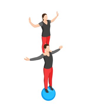 Top izometrik vektör çiziminde dengede duran sirk akrobatları.