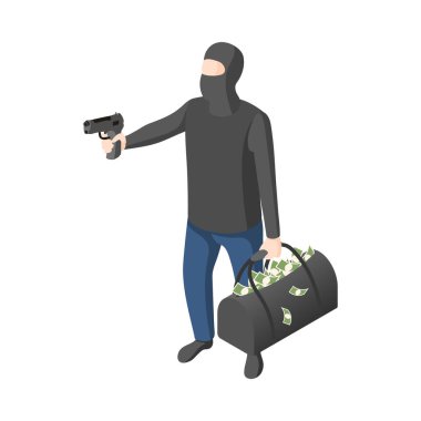 Siyah maskeli bir erkek banka soyguncusu elinde tabanca ve çantayla izometrik karakter çizimi yapıyor.