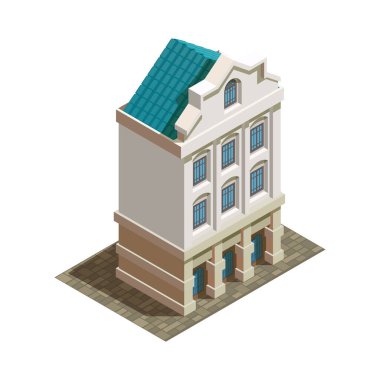 Isometric ortaçağ şehir binası 3d vektör illüstrasyonu