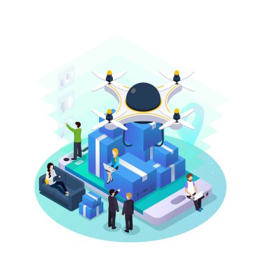 Çevrimiçi alışveriş ekommerce İHA ve müşteri vektör ilülasyonu ile mal izometrik konsept teslimatı