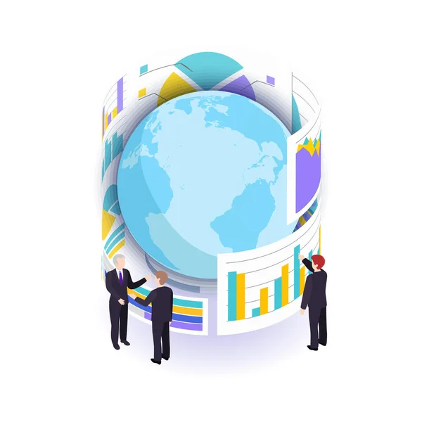 Global Data Transfer Analysis Storage Isometric Concept Business People Analyzing — Stock Vector