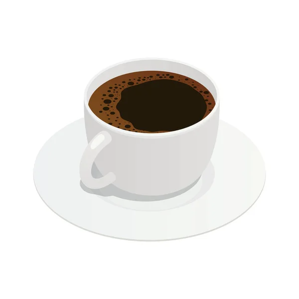 ソーサー等角アイコンベクトルイラスト上の黒コーヒーの白い磁器カップ — ストックベクタ