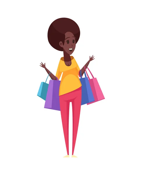 Felice Donna Africana Shopaholic Holding Shopping Bags Cartone Animato Vettoriale — Vettoriale Stock