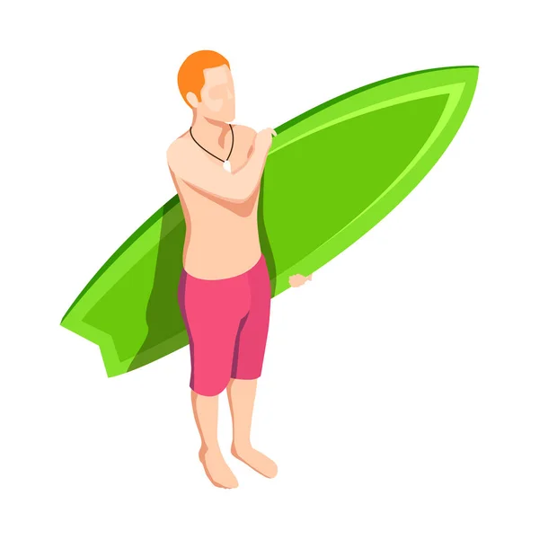 Izometryczna Ikona Sportów Wodnych Człowiekiem Stojącym Zieloną Deską Surfingową Ilustracja — Wektor stockowy
