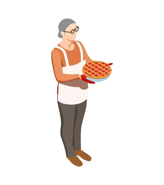 Isometric Elderly Woman Wearing Apron Holding Homemade Pie Vector Illustration — Stock Vector