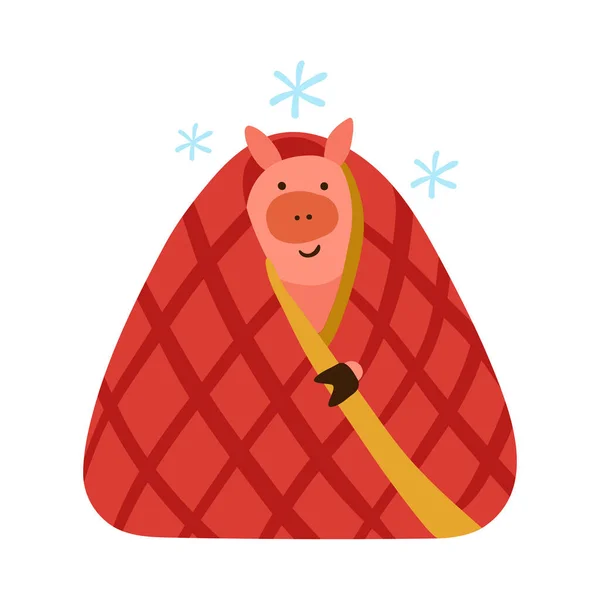 Χαριτωμένο Piggy Κινουμένων Σχεδίων Κάθεται Κάτω Από Καρό Κατά Διάρκεια — Διανυσματικό Αρχείο