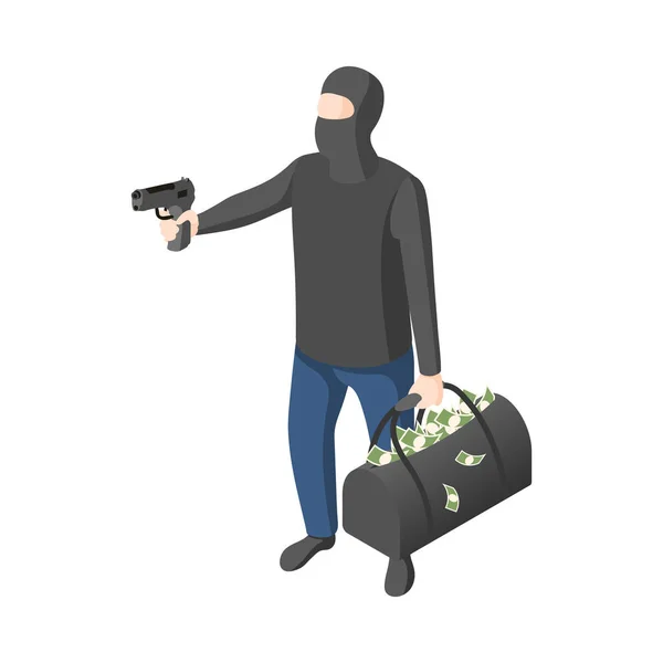 Male Bank Robber Wearing Black Mask Holding Pistol Bag Money — Stock Vector