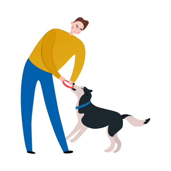 Man Leker Med Sin Hund Vit Bakgrund Platt Vektor Illustration — Stock vektor