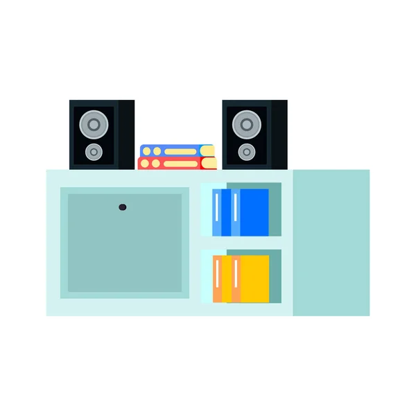 Living Room Cabinet Stereo Speakers Books Flat Vector Illustration — Stock Vector