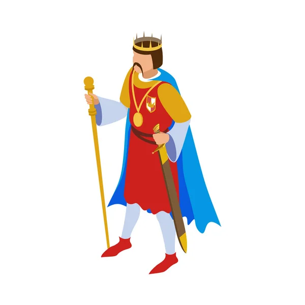 Medievale Personaggio Isometrico Con Spada Corona Vettoriale Illustrazione — Vettoriale Stock