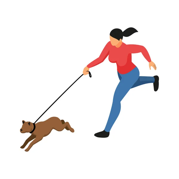 女性玩世不恭者或与狗赛跑的主人用皮带等距图标矢量图解 — 图库矢量图片