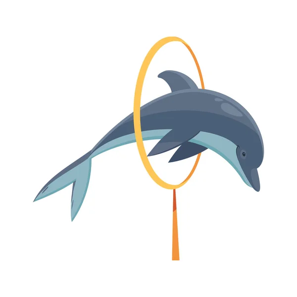 Dolphin Άλμα Μέσα Από Δαχτυλίδι Επίπεδη Διανυσματική Απεικόνιση — Διανυσματικό Αρχείο