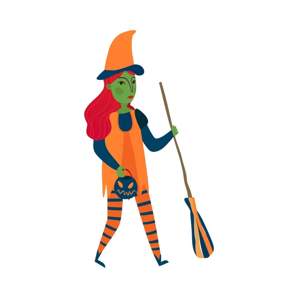 Kid Bär Fest Halloween Kostym Häxa Platt Vektor Illustration — Stock vektor