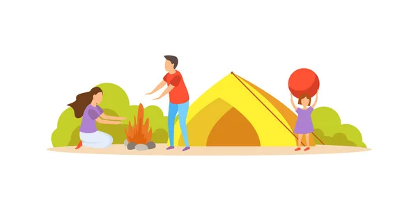 Zomer Familie Activiteit Plat Concept Met Ouders Kind Gaan Camping — Stockvector