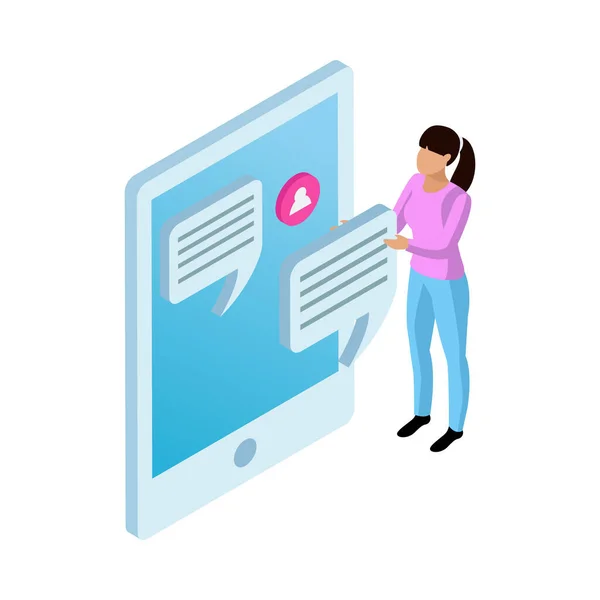 Virtuální Komunikace Sociální Média Izometrický Koncept Ženou Chatování Line Tablet — Stockový vektor
