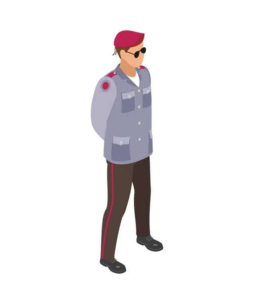 Isometric Character Military Man Wearing Black Glasses Vector Illustration — Stock Vector