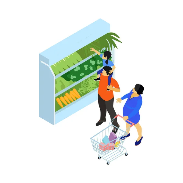 Familia Haciendo Compras Supermercado Elegir Verduras Vector Isométrico Ilustración — Archivo Imágenes Vectoriales