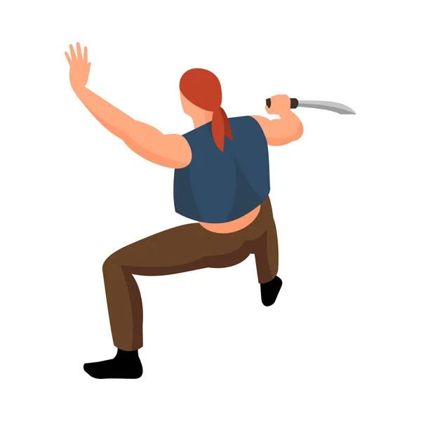 Isometrische Männliche Pirat Mit Messer Rückseite Vektor Illustration — Stockvektor