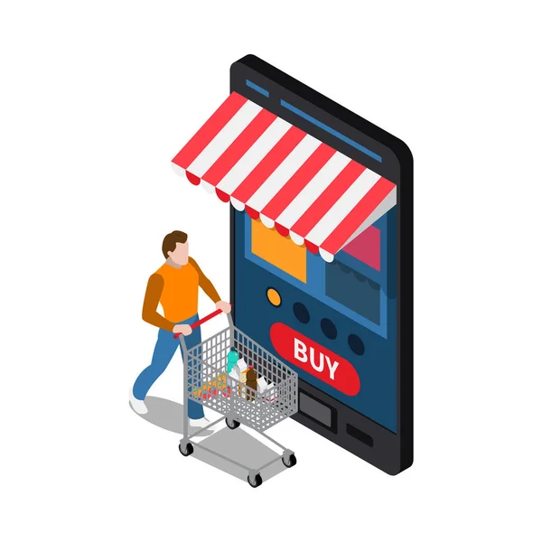 Mobilne Zakupy Commerce Izometryczna Ikona Koncepcji Klientem Kupującym Żywność Online — Wektor stockowy