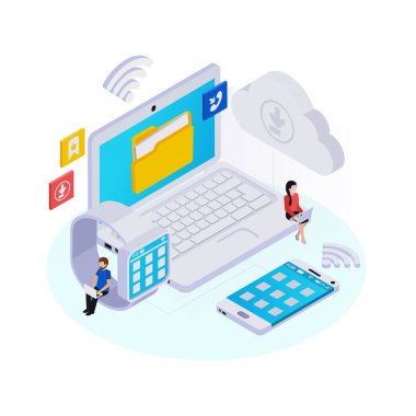 Kablosuz teknoloji veri depolama izometrik konsept modern cihazlar ve küçük insanlar vektör illüstrasyon