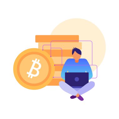 Kripto para birimi engelleme teknolojisi düz konsept bitcoin ve insan karakteri bilgisayar vektör çizimi üzerinde çalışıyor