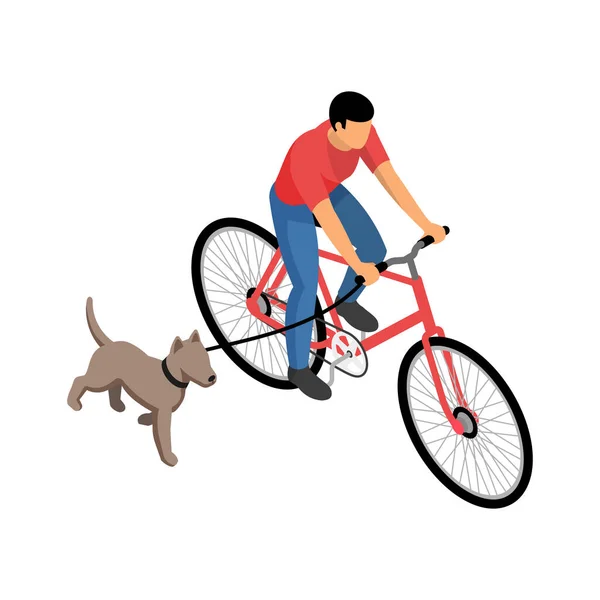 Hombre Montar Bicicleta Caminar Con Perro Correa Ilustración Vector Isométrico — Vector de stock