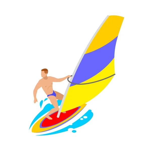 Windsurf Hombre Verano Deporte Acuático Ícono Isométrico Vector Ilustración — Archivo Imágenes Vectoriales