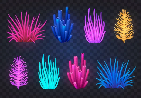 Icônes Dessin Animé Monde Sous Marin Sertie Récifs Coralliens Colorés — Image vectorielle