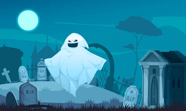 Concetto Cartone Animato Fantasma Con Cimitero Luna Piena Sfondo Vettoriale — Vettoriale Stock
