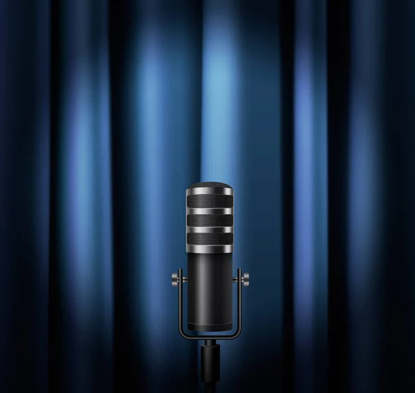 Microphone Realistic Poster Classic Black Chrome Mic Blue Curtain Background — Stock Vector