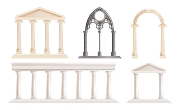 Conjunto Realista Antiguas Columnas Iónicas Toscanas Clásicas Arcos Ilustración Vectorial — Vector de stock