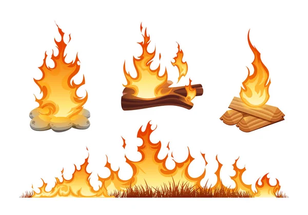 Brand Lågor Som Platt Stil Med Brinnande Trä Gräs Och — Stock vektor