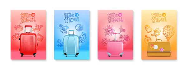 4つの異なるスタイルと色のベクトルイラストで4つのスーツケースと現実的な旅行ポスターセット — ストックベクタ