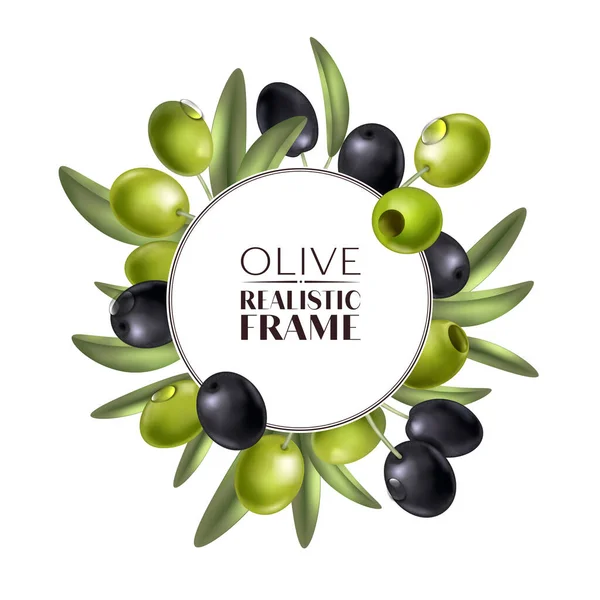 Realistické Složení Olivového Rámu Kruhem Obklopeným Zelenými Listy Černými Bobulemi — Stockový vektor