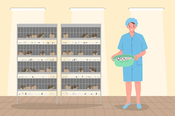 蛋类生产禽类室内笼中有鹌鹑和女工扁平病媒图解 — 图库矢量图片
