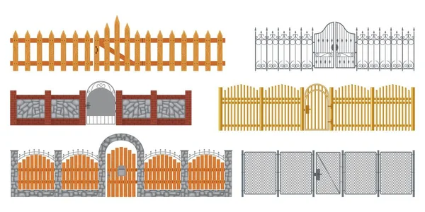 Fences Flat Set Isolated Icons Front Views Wooden Stone Iron — Stock Vector
